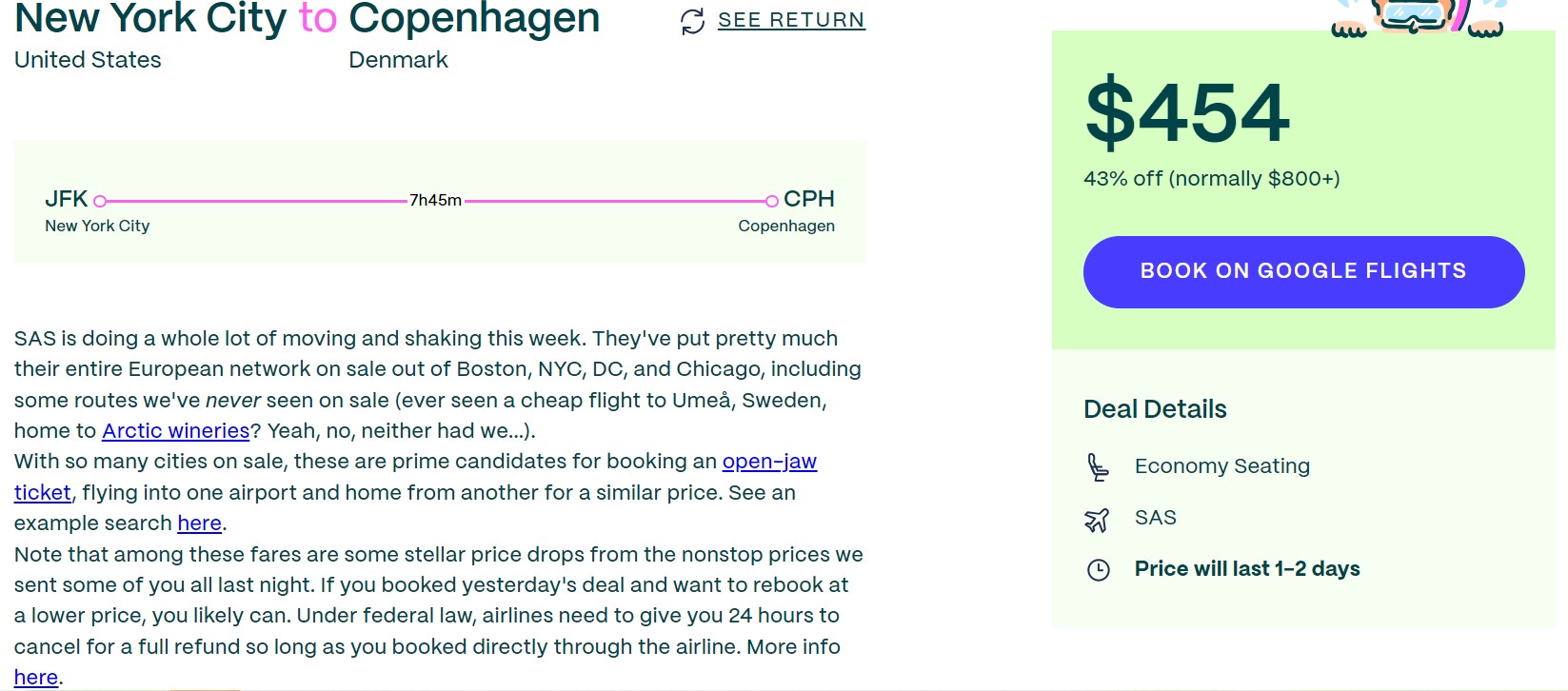 Screenshot from the Going travel website showing a flight deal from NYC to Copenhagen, Denmark