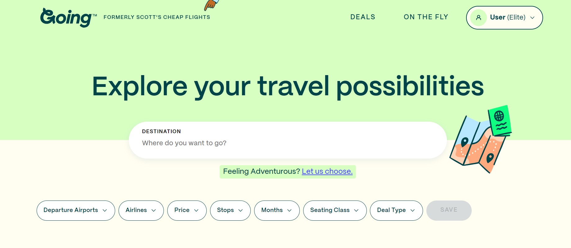 Screenshot from the Going travel website showing a search bar and filters to select
