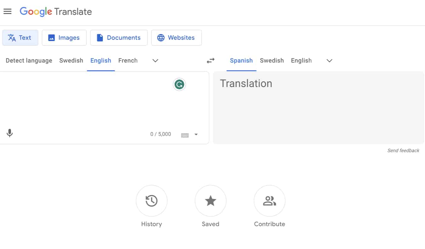 The Google Translate app homepage, a popular travel app