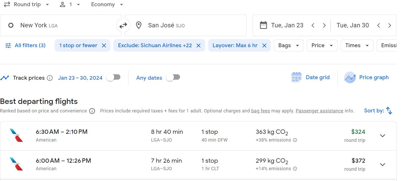 لقطة شاشة من Google Flights مع المرشحات المختارة بالفعل لعرض رحلة رخيصة من مدينة نيويورك إلى سان خوسيه ، كوستاريكا