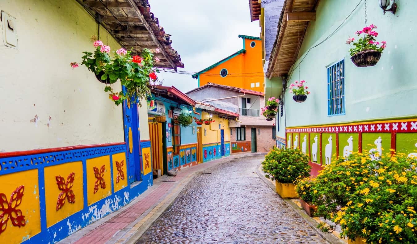 Beautiful and colorful streets with carved and decorated tiles on the sides of the buildings in Guatape, Colombia