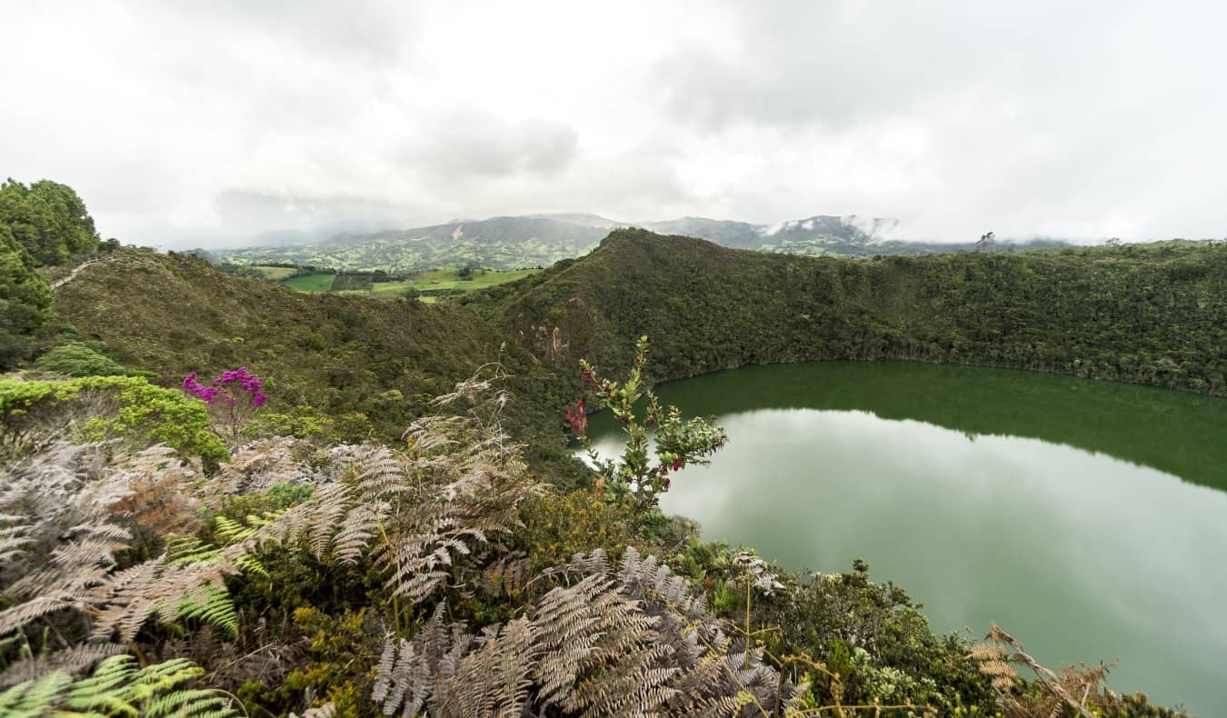 The emerald green Lake Guatavita surrounded by lush ferns, greenery, and rolling hills, in Colombia