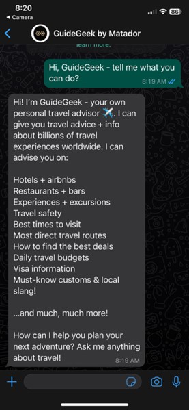 screenshot of Whatsapp chat with Guidegeek AI travel planner