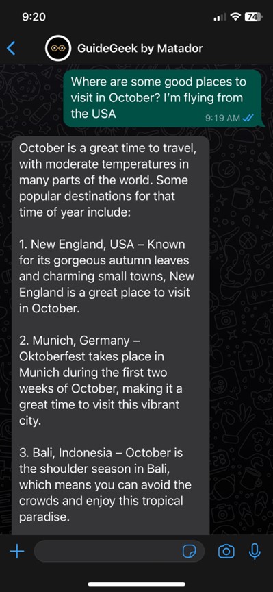 screenshot of Whatsapp chat with Guidegeek AI travel planner