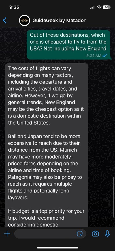 screenshot of Whatsapp chat with Guidegeek AI trip planner