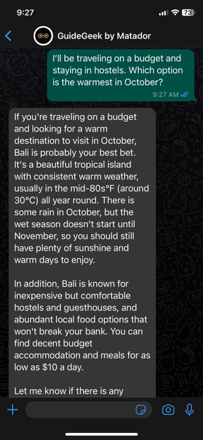 screenshot of Whatsapp chat with Guidegeek AI travel planner