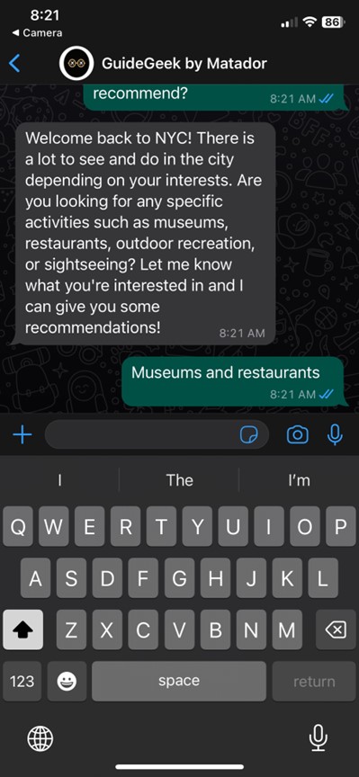 screenshot of Whatsapp chat with Guidegeek AI trip planner