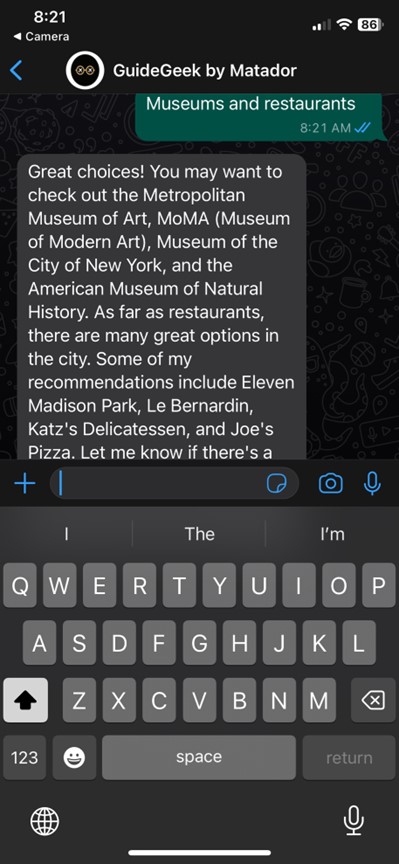 screenshot of Whatsapp chat with Guidegeek AI travel planner