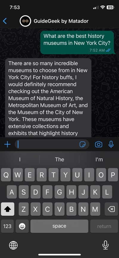 screenshot of Whatsapp chat with Guidegeek AI travel planner