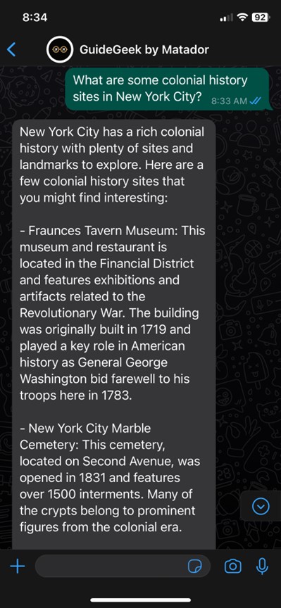 screenshot of Whatsapp chat with Guidegeek AI travel planner
