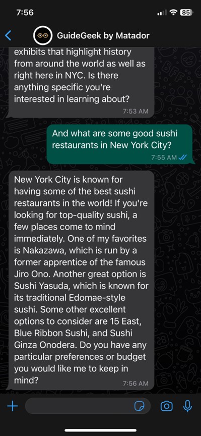 screenshot of Whatsapp chat with Guidegeek AI travel planner