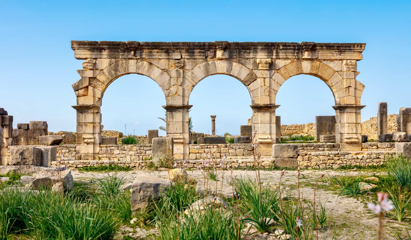 The ancient ruins of Volubilis in sunny, arid Morocco
