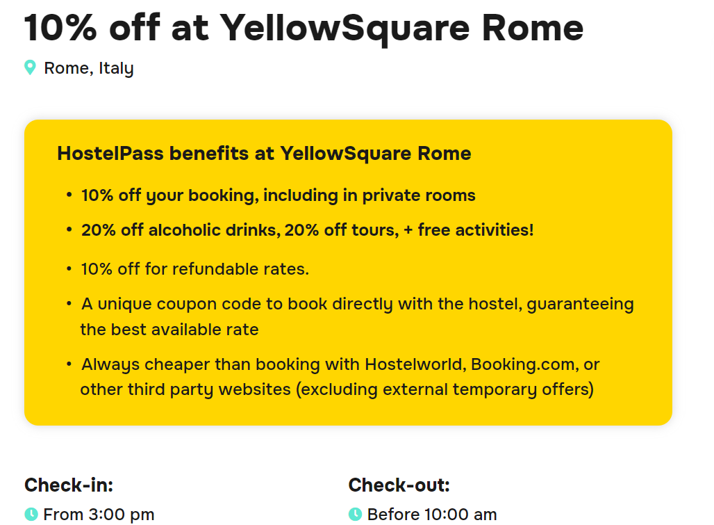 Capture d'écran du site HostelPass montrant la liste des réductions que vous pouvez obtenir en réservant l'auberge YellowSquare Rome par l'intermédiaire d'HostelPass.