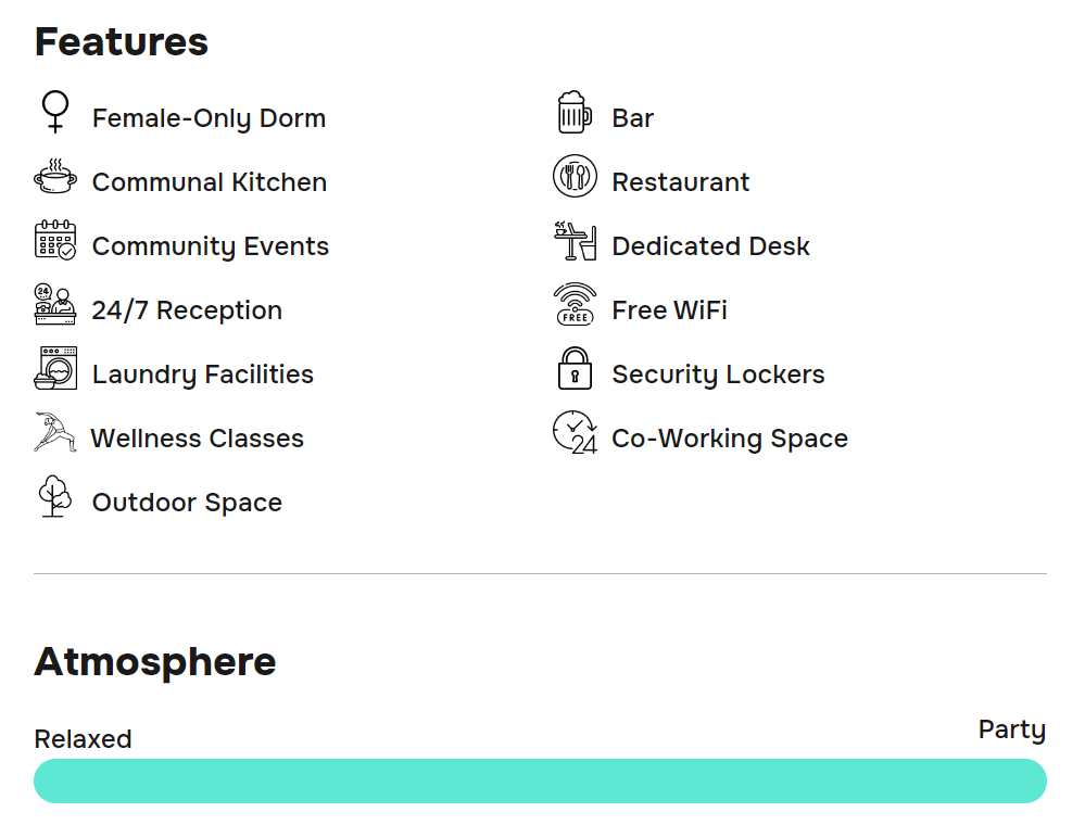 Screenshot from HostelPass website showing the list of amenities at the hostel YellowSquare Rome