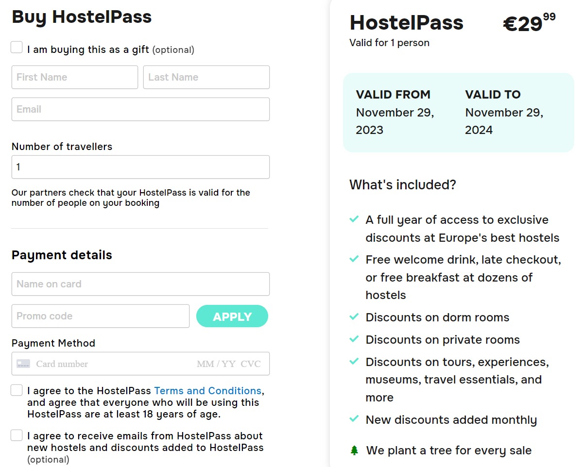 Page d'achat pour HostelPass