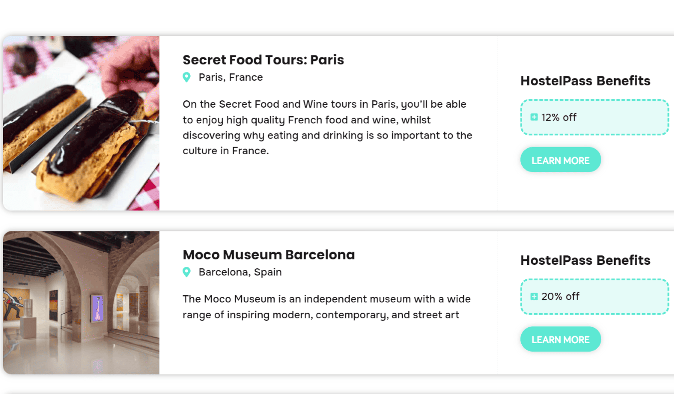 Capture d'écran du site internet d'HostelPass montrant les réductions disponibles pour une visite gastronomique à Paris et un musée à Barcelone.