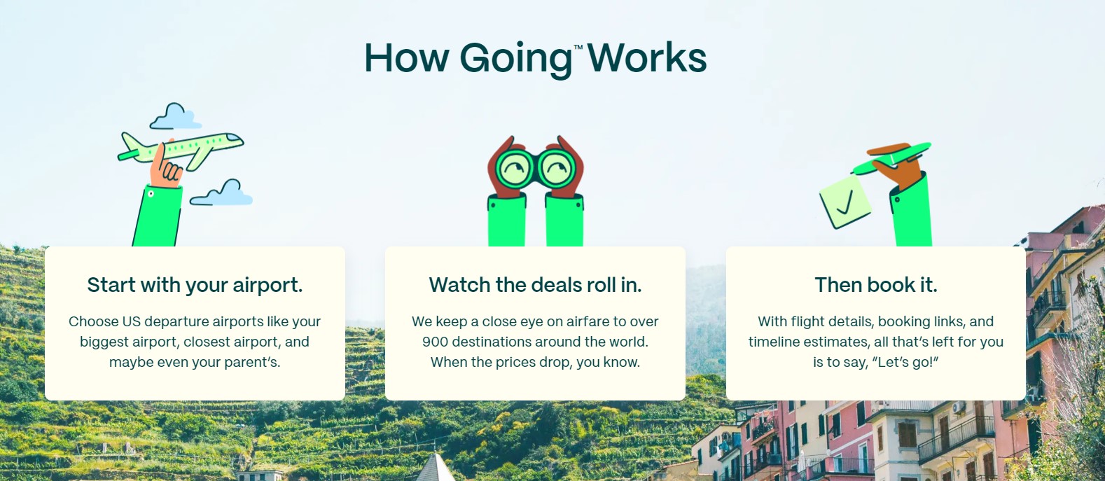 Screenshot from the Going travel website with three boxes explaining how the service works'