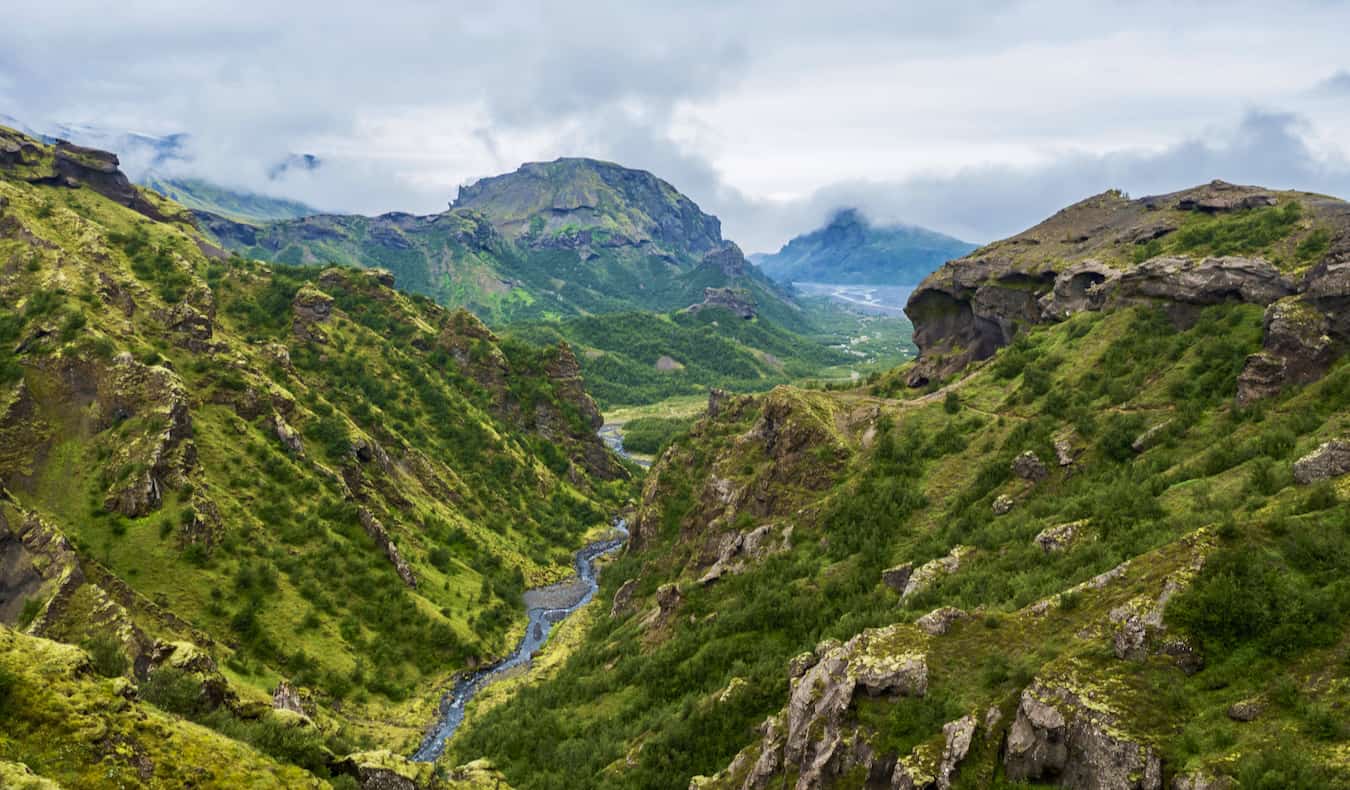 The stunning view overlooking the rugged landscape near the Fimmvorduhals trail in rural Iceland