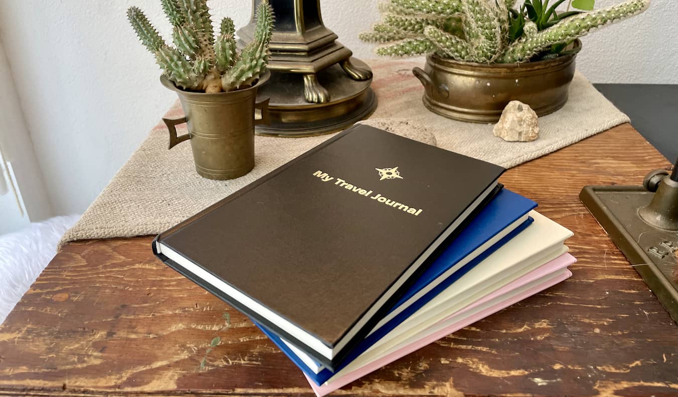 A stack of travel journals on a wooden table with a cactus