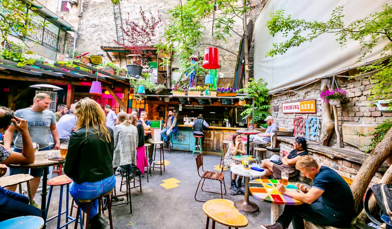 The cool interior of the popular Szimpla Ruin Bar in Budapest, Hungary