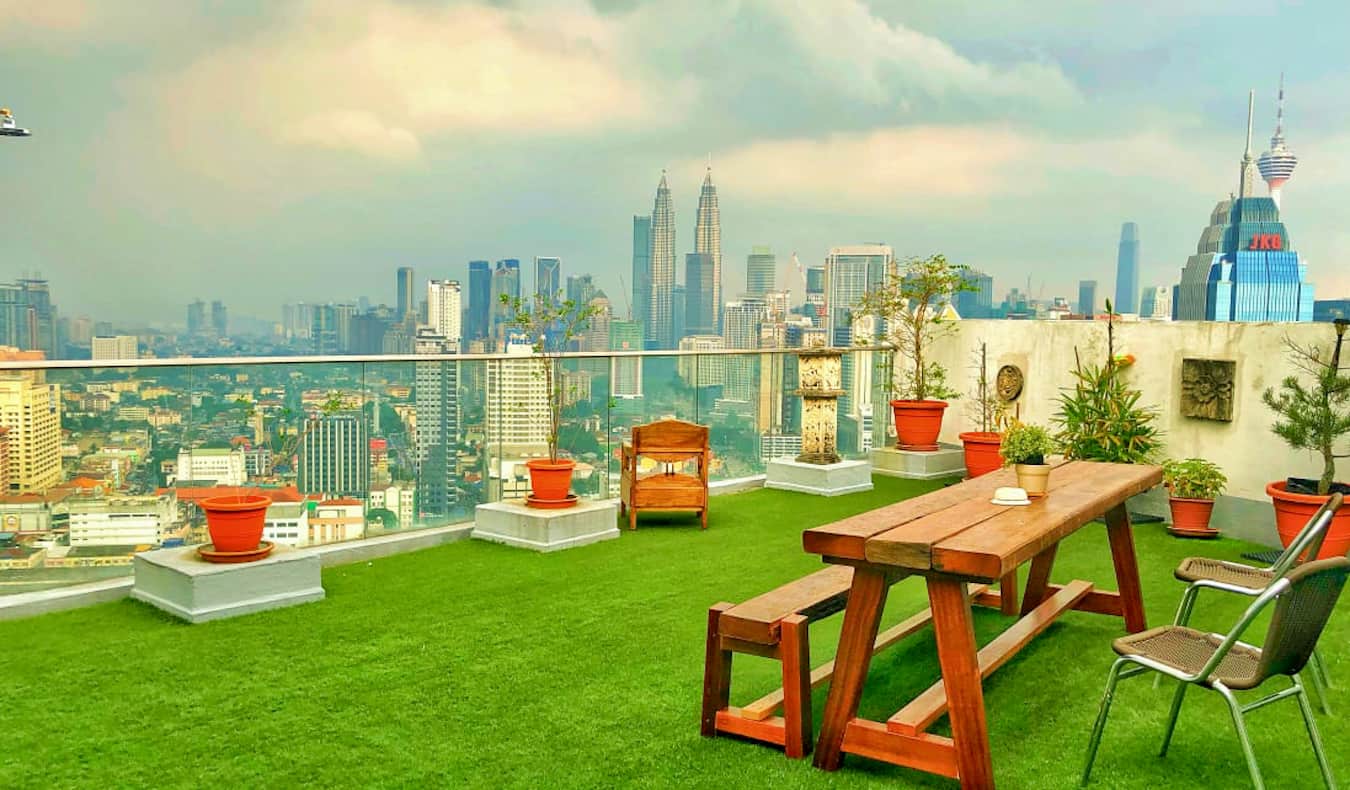 The chill rooftop terrace of Penthouse 34, a hostel in in Kuala Lumpur, Malaysia