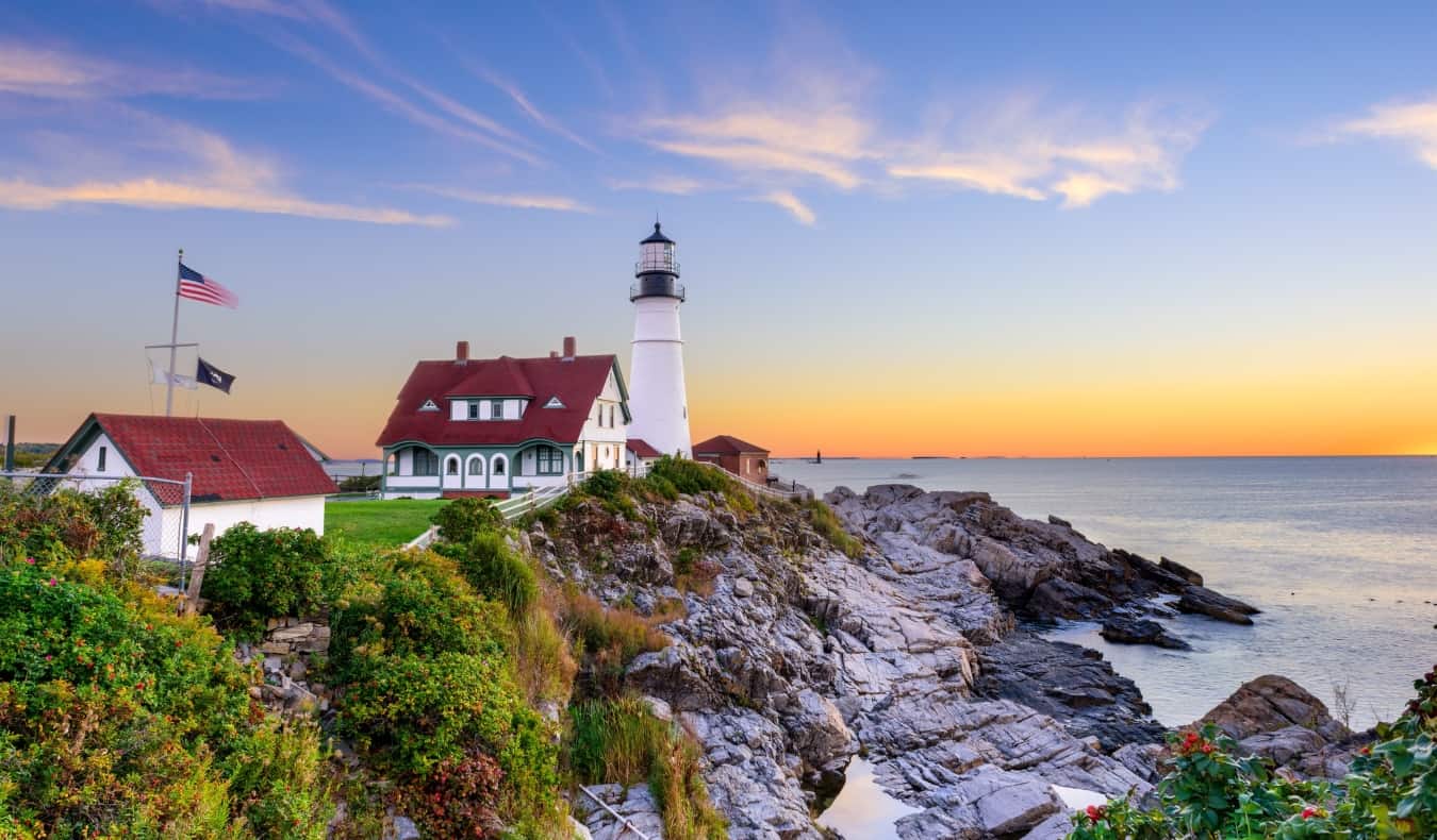 Lighthouse in Portland, Maine, at sunset