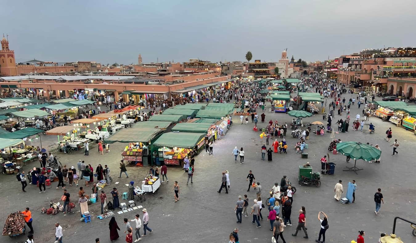 The lights and business of Marrakesh at night in Morocco