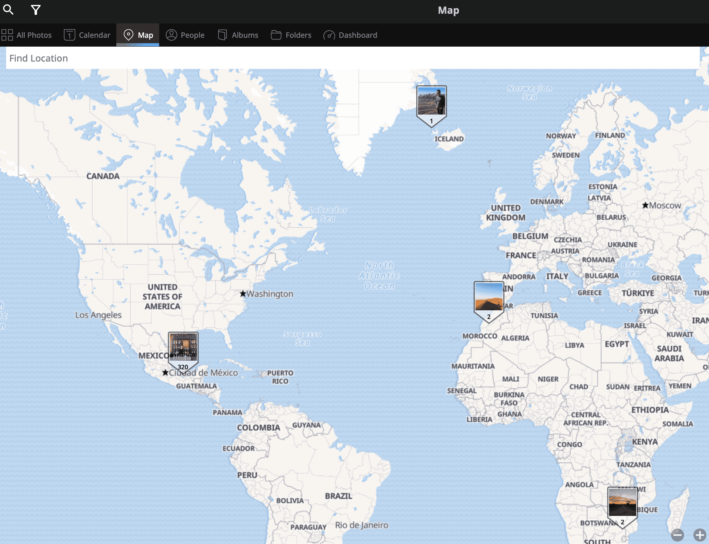 La vista de mapa de etiquetas geográficas de la aplicación Mylio en el escritorio
