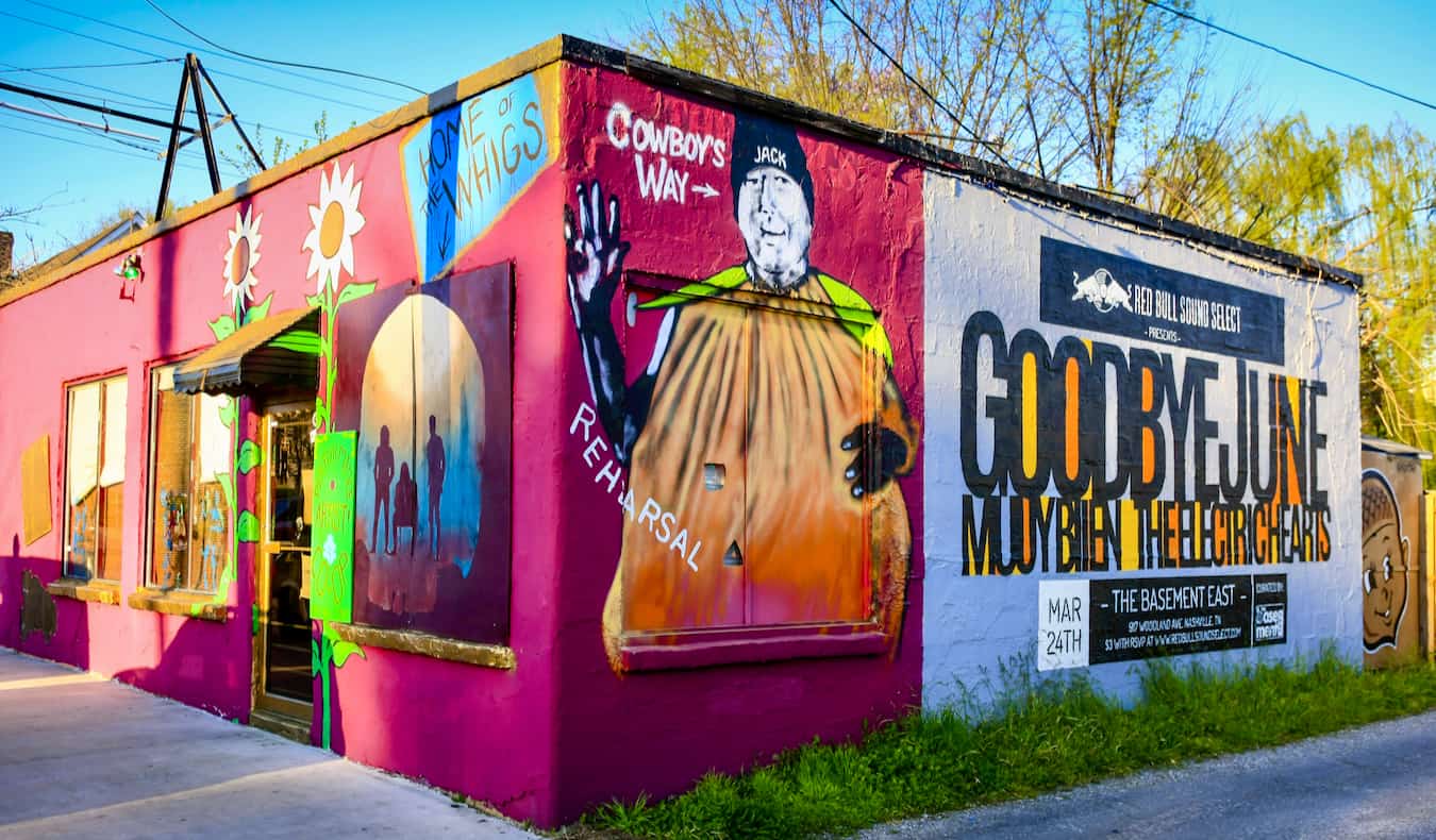 A colorful towers with street art on the corner in Five Points, Nashville