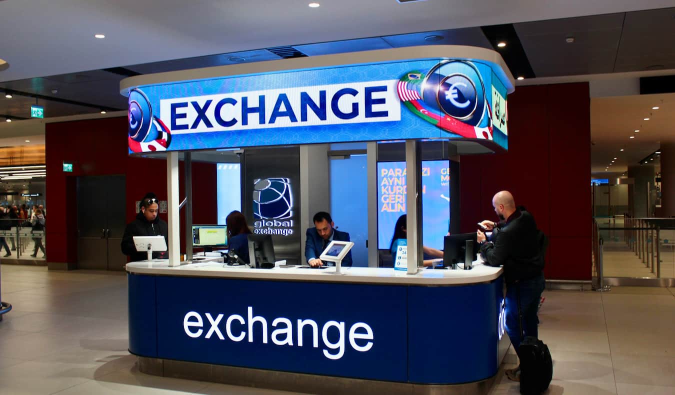 An airport currency exchange in a quiet airport overseas