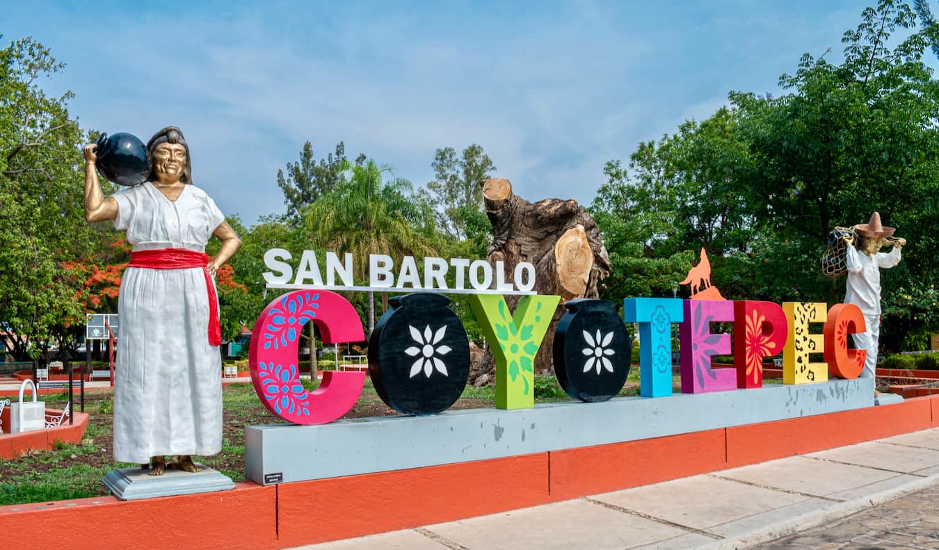 A bright sign for the town of Coyotepec, a small town near Oaxaca, Mexico