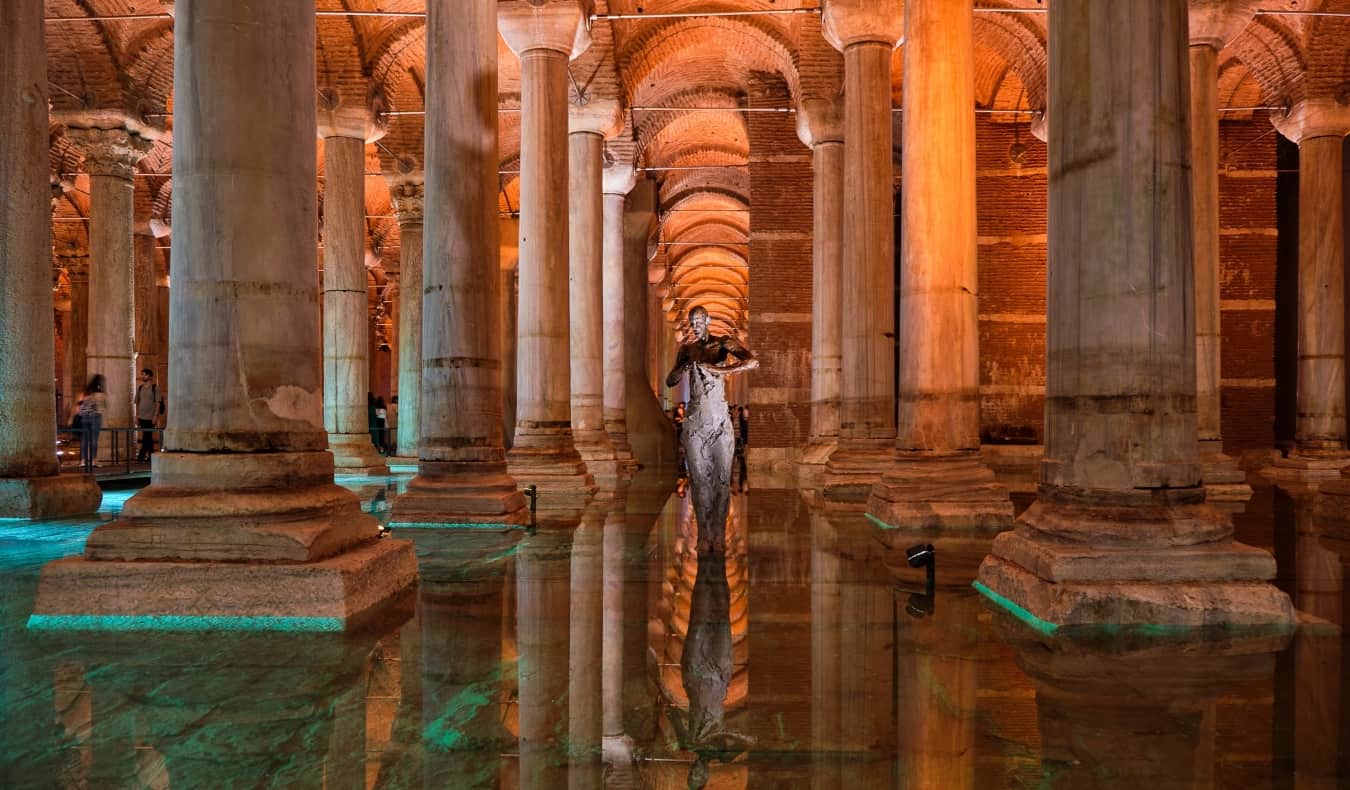 A long hallway down the Basilica Cistern in Istanbul
