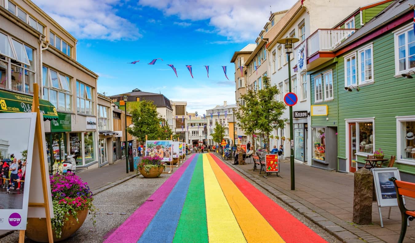 A street in downtown Reykjavik painted with rainbow colors
