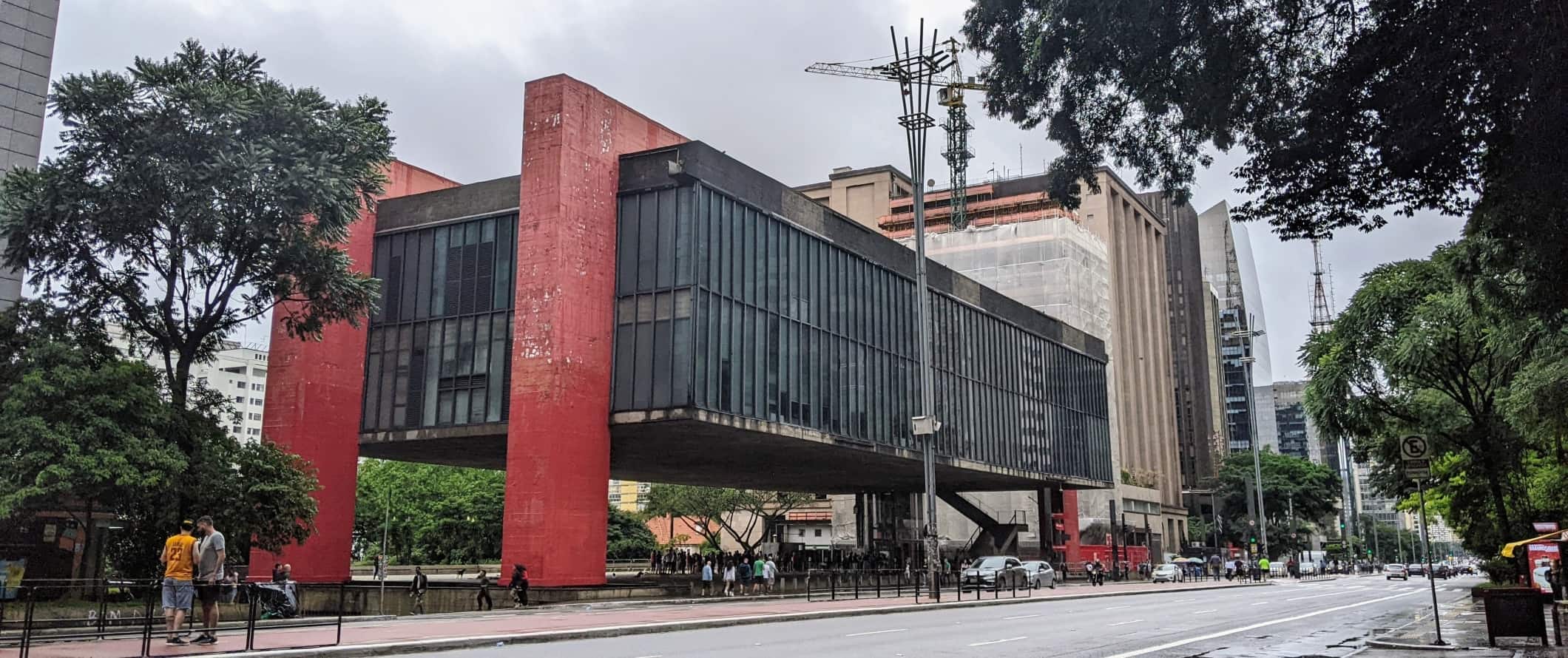 The recognizable MASP (Museum of Art of São Paulo) with its elevated concrete structure and red pillars, on Paulista Ave in São Paulo, Brazil