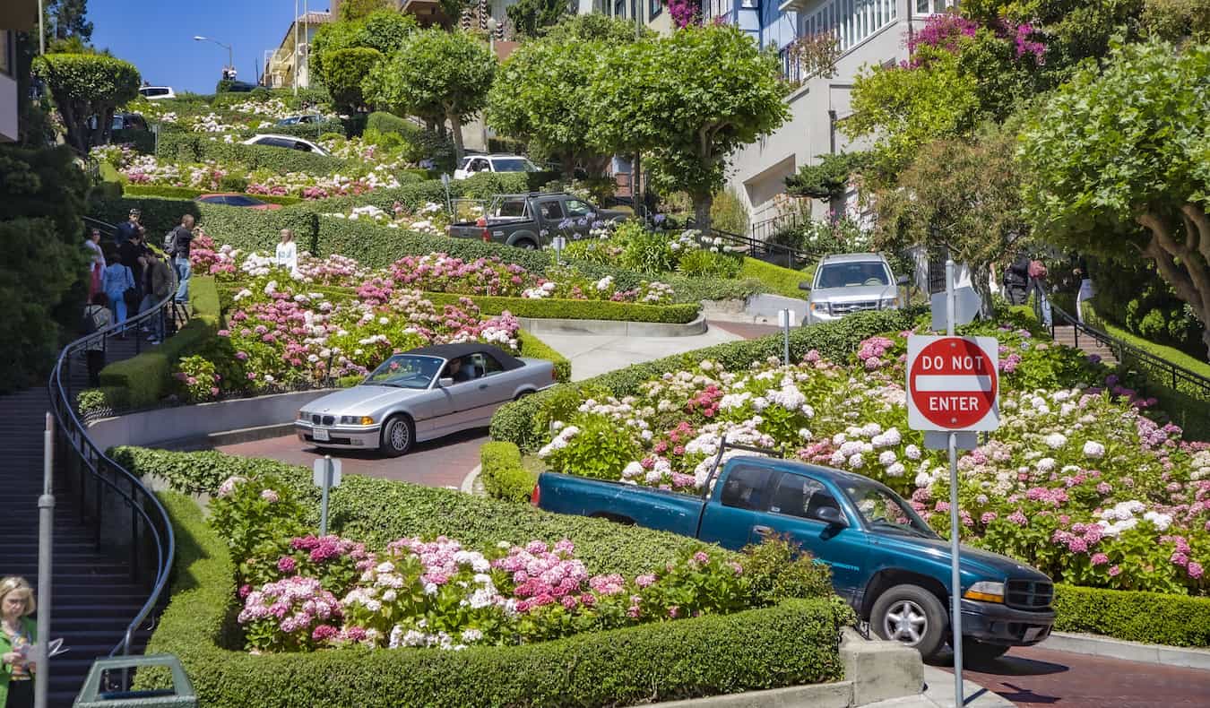 The curvy, winding road of Lombard Street in sunny San Francisco, USA