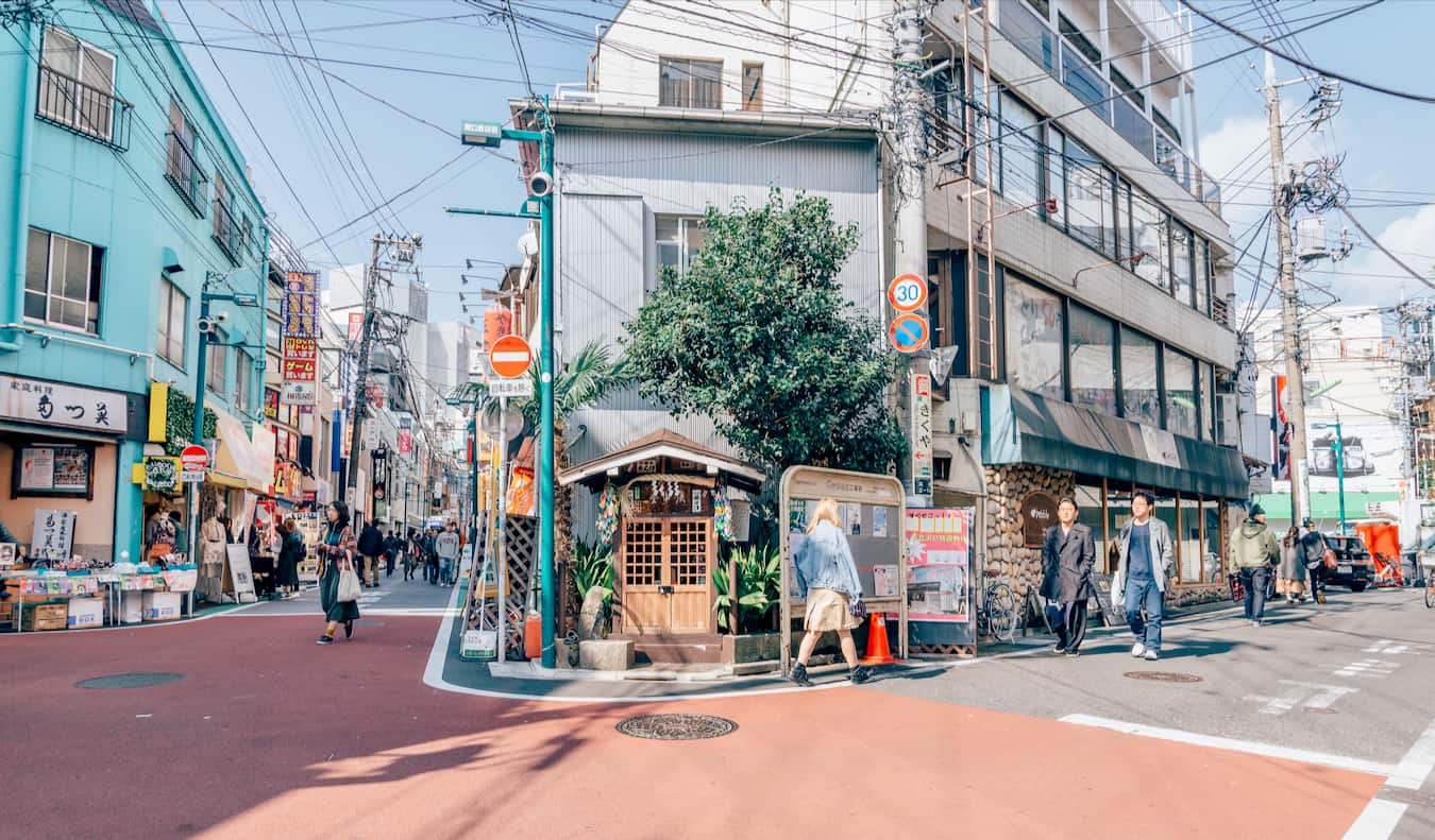 A sunny day in Shimokitazawa with people walking around exploring in Tokyo, Japan