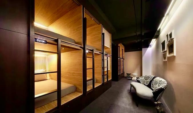 The spacious dorm of the Pod boutique hostel in Singapore