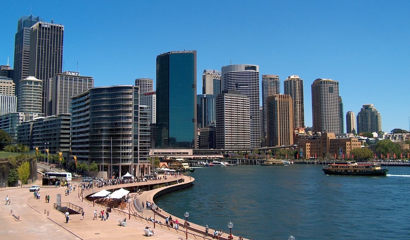 Skyscrapers along the waterfront in Sydney, Australia on a bright, sunny day