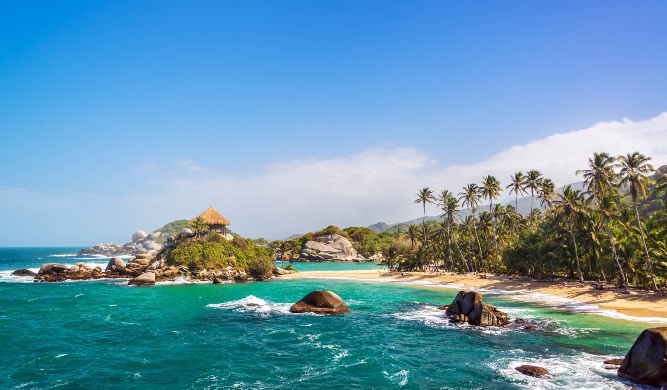 The turquoise waters, white sand beaches, and palm trees of Tayrona National Parkin Colombia