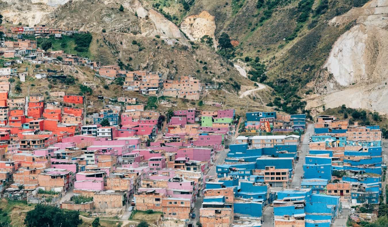 Colorful shantytowns on the hillside in the city of Bogota, Colombia