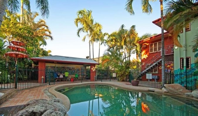 Outdoor pool surrounded by palm trees at Traveller's Oasis hostel in Cairns, Australia.