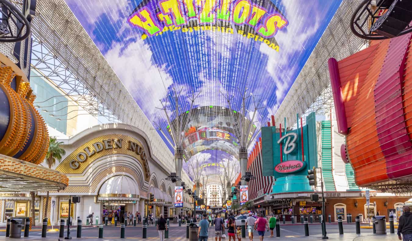 The lively walkway of bustling Fremont Street in Las Vegas, Nevada