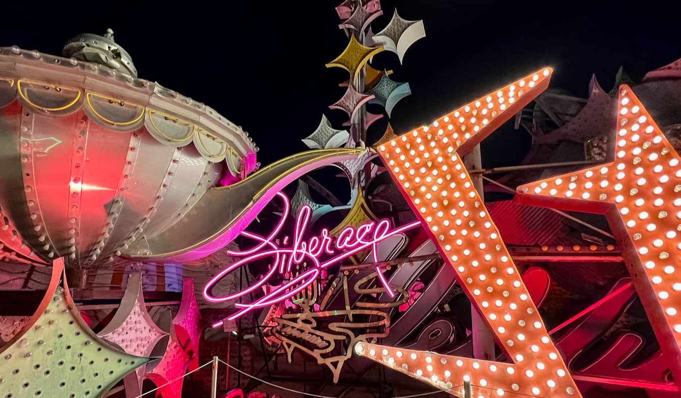 The famous Neon Museum lit up at night in Las Vegas, Nevada