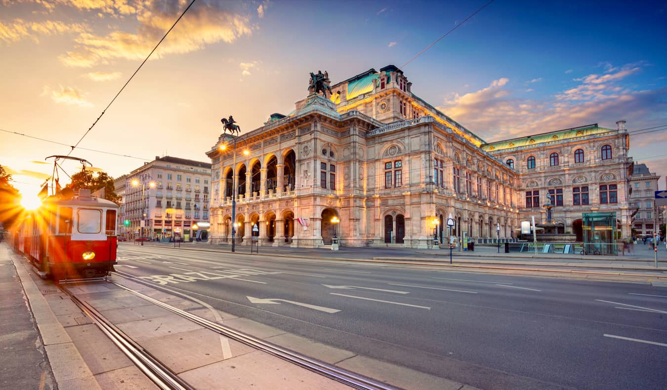 The trappy Vienna State opera towers in Vienna, Austria