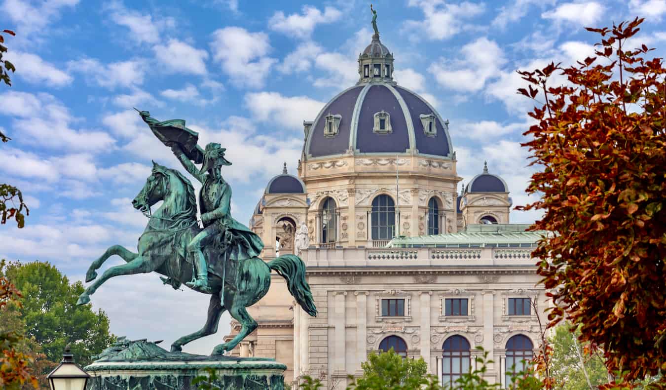 A historic statue of a man on a horse in trappy Vienna, Austria