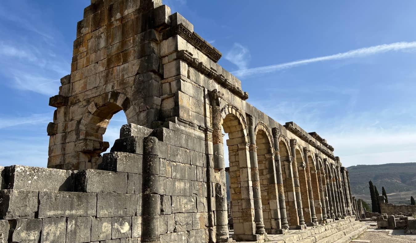 The pillars and columns in the ruins of the ancient city of Volubilis in Morocco