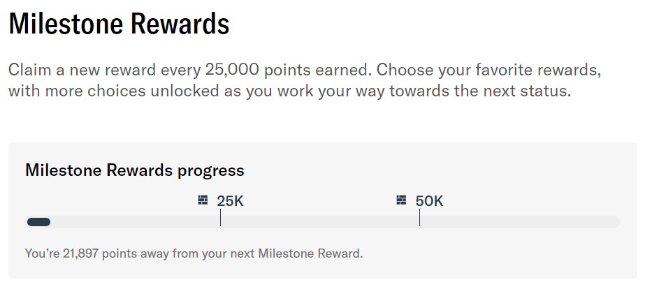Progress bar towards earning Bilt Milestone Rewards, with hatch marks at both 25,000 and 50,000 points
