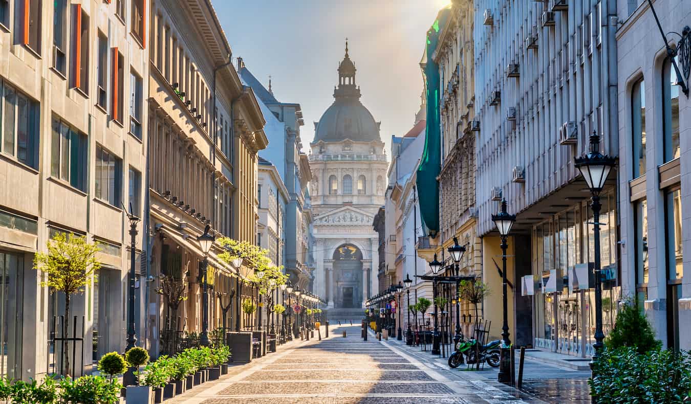 A quiet street in the historic center of beautiful Budapest, Hungary after sunrise