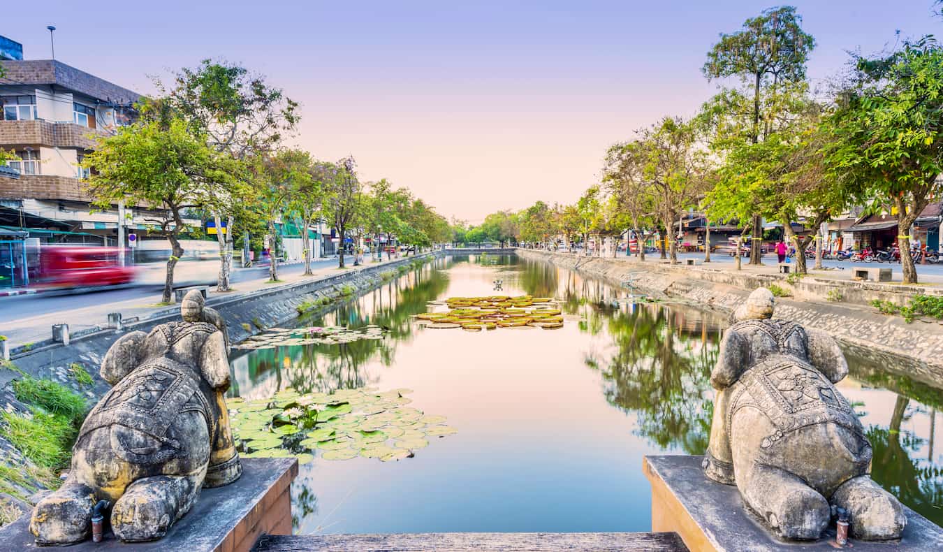 A view overlooking the Old City moat from a small bridge in Chiang Mai, Thailand