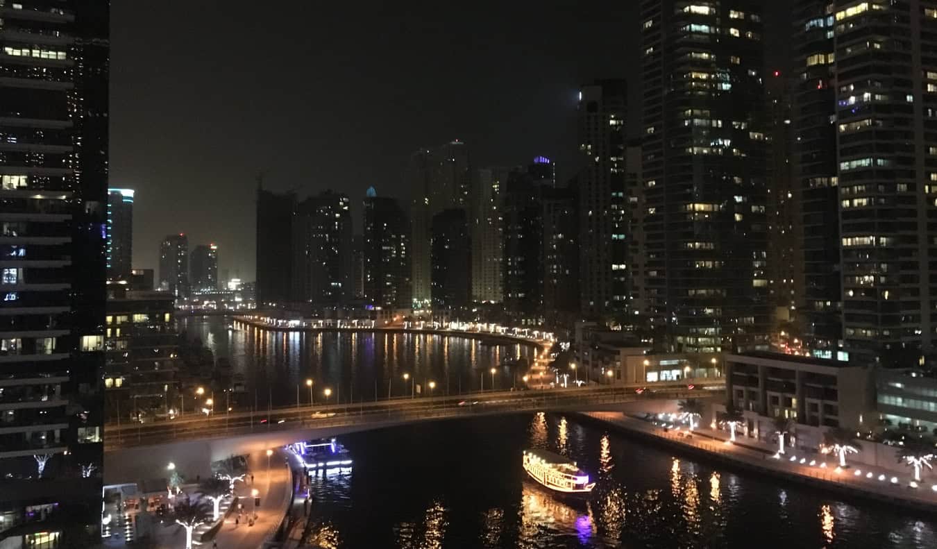 The massive, towering downtown core of Dubai at night